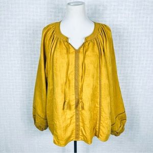 Boho Mustard Yellow Peasant Blouse with Long Sleeves and Crochet Details